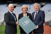 15 July 2015; Ireland 2016 Centenary Programme Minister Heather Humphreys, T.D., joined President of the GAA Aogán Ó Fearghail, left, and Director General Páraic Duffy to announce plans to host a commemorative event at Croke Park next year to mark the Centenary of the 1916 Easter Rising. The event will be hosted in conjunction with the Allianz League Division 1 and 2 finals on Sunday 24 April 2016, the same date as the start of the Rising, and will be staged between the two finals. Croke Park, Dublin. Picture credit: Brendan Moran / SPORTSFILE