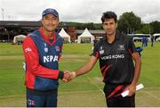 15 July 2015; Nepal captain Paras Khadka, left, and Hong Kong captain Tanwir Afwal shake hands before the start of the match. ICC World Twenty20 Qualifier 2015, Hong Kong v Nepal, Stormont, Belfast, Co. Antrim. Picture credit: Seb Daly / ICC / SPORTSFILE