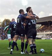 18 October 2008; Brian O'Driscoll, Leinster, is congratulated by team-mates Rob Kearney, left, and Shane Horgan after scoring his and his side's second try. Heineken Cup, Pool 2 Round 2, Leinster v London Wasps, RDS, Dublin. Picture credit: Stephen McCarthy / SPORTSFILE