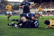 18 October 2008; Brian O'Driscoll, Leinster, is congratulated by Rob Kearney after scoring his and his side's second try. Heineken Cup, Pool 2 Round 2, Leinster v London Wasps, RDS, Dublin. Picture credit: Stephen McCarthy / SPORTSFILE