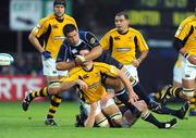 18 October 2008; Joe Worsley, London Wasps, is tackled by Stan Wright and Bernard Jackman, hidden, Leinster. Heineken Cup, Pool 2 Round 2, Leinster v London Wasps, RDS, Dublin. Picture credit: Pat Murphy / SPORTSFILE
