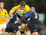 18 October 2008; Simon Shaw, London Wasps, is tackled by Jamie Heaslip and CJ Van Der Linde, right, Leinster. Heineken Cup, Pool 2 Round 2, Leinster v London Wasps, RDS, Dublin. Picture credit: Pat Murphy / SPORTSFILE