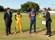 17 July 2015; Match Referee Steve Bernard, left, with team captains Jack Vare, PNG, and Paras Khadka, Nepal, along with Dominic Cork, ex England International and Sky TV Pundit, during the coin toss which was live on Sky TV. ICC World Twenty20 Qualifier 2015, Nepal v PNG. Malahide, Dublin. Picture credit: Oliver McVeigh / ICC / SPORTSFILE