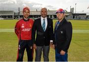 17 July 2015; Namibia Captain Nicholas Scholtz, left, Match Referee Graeme Labrooy and Jersey Captain Peter Gough during the toss before the start of the match. ICC World Twenty20 Qualifier 2015, Namibia v Jersey. Clontarf, Dublin. Picture credit: Seb Daly / ICC / SPORTSFILE