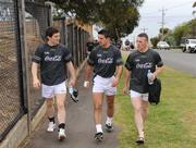 26 October 2008; Michael Meehan, Galway, Aidan O'Mahony, Kerry, and Leighton Glynn, Wicklow, arrive for the Ireland International Rules squad training session. 2008 International Rules tour, Stribling Reserve, Lorne, Victoria, Auatralia. Picture credit: Ray McManus / SPORTSFILE