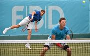 22 July 2015; The doubles team of David O'Hare, serving, and Sam Barry, Ireland, in action during their match against Samuel Bothwell and Robert Dudley, Ireland. FBD Irish Men's Open Tennis Championship, Fitzwilliam Lawn Tennis Club, Dublin. Picture credit: Cody Glenn / SPORTSFILE