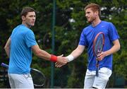 22 July 2015; Sam Barry, left, Ireland, and doubles team-mate David O'Hare celebrate a point during their match against Samuel Bothwell and Robert Dudley, Ireland. FBD Irish Men's Open Tennis Championship, Fitzwilliam Lawn Tennis Club, Dublin. Picture credit: Cody Glenn / SPORTSFILE