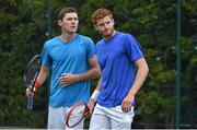 22 July 2015; Sam Barry, left, Ireland, and doubles team-mate David O'Hare during their victory over Samuel Bothwell and Robert Dudley, Ireland. FBD Irish Men's Open Tennis Championship, Fitzwilliam Lawn Tennis Club, Dublin. Picture credit: Cody Glenn / SPORTSFILE