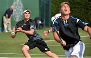 22 July 2015; Peter Bothwell, Ireland, and doubles teammate Lloyd Glasspool, England, track the ball during their match against Charles Broom, England, and Nicolas Rosenzweig, France. FBD Irish Men's Open Tennis Championship, Fitzwilliam Lawn Tennis Club, Dublin. Picture credit: Cody Glenn / SPORTSFILE
