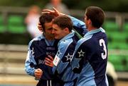 10 September 2000; From left, John Martin (goal scorer) celebrates with team mates Ciaran Kavanagh and Alan Mahon (3) after scoring his sides first goal during the Eircom League Premier Division match between UCD and Finn Harps at Belfield Park in Dublin. Photo by Pat Murphy/Sportsfile