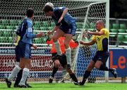 10 September 2000; Clive Delaney of UCD scores a goal for his side during the Eircom League Premier Division match between UCD and Finn Harps at Belfield Park in Dublin. Photo by Pat Murphy/Sportsfile