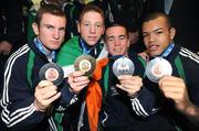 3 November 2008; Ireland's medal winners, from left, David Joyce, from St Michaels Boxig Club Athy, Ray Moylette, from St Anne's Boxing Club Westport, Jamie Kavanagh, from Crumlin Boxing Club, and Thomas McCarthy, Oliver Plunkett's Boxing Club Belfast, at the AIBA Youth Championships in Mexico, at the team's homecoming at Dublin Airport. Picture credit: Stephen McCarthy / SPORTSFILE