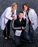 3 November 2008; Trinity Med Day, the well known and loved college charity fundraising day, takes place throughout Dublin on Friday 7th November. Trinity medical students Trinity Medical Students Danielle McCollum, left, and Ailbhe McAlister are joined by Med Day patron Leinster & Irish rugby International Jamie Heaslip to appeal to the general public to support their fundraising efforts to raise monies for 2 well deserving Irish causes; The Centre for Cardiovascular Risk in Younger Persons, AMNCH Tallaght and The Acute Stroke Services, St James Hospital.Trinity College, Dublin. Photo by Sportsfile