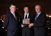 3 November 2008; Ireland and Munster out-half Ronan O'Gara is presented with the Guinness / Rugby Writers of Ireland, Player of the Year award by Michael Whelan, right, Sponsorship Manager, Diageo, and Peter O'Reilly, President of the Rugby Writers of Ireland, during the Guinness Rugby Writers of Ireland Awards. Guinness Storehouse, St. James' Gate, Dublin. Picture credit: Brendan Moran / SPORTSFILE