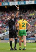 1 August 2015; Paddy McGrath, Donegal, is shown a black card by referee Eddie Barrett. GAA Football All-Ireland Senior Championship, Round 4B, Donegal v Galway. Croke Park, Dublin. Picture credit: Brendan Moran / SPORTSFILE