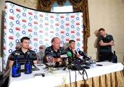 20 November 2008; Ireland head coach Declan Kidney, in the company of, from left, team captain Brian O'Driscoll, out-half Ronan O'Gara and communications manager Karl Richardson, speaking during an Ireland rugby squad media conference. Shelbourne Hotel, Dublin. Picture credit: Brendan Moran / SPORTSFILE