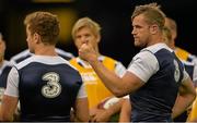 7 August 2015; Ireland captain Jamie Heaslip, right, and out-half Paddy Jackson speak to the team during the captain's run. Ireland Rugby Squad Captain's Run, Millennium Stadium, Cardiff, Wales. Picture credit: Brendan Moran / SPORTSFILE