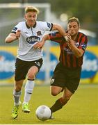 7 August 2015; Ronan Finn, Dundalk, in action against Stephen Rice, Longford Town. SSE Airtricity League Premier Division, Dundalk v Longford Town, Oriel Park, Dundalk, Co. Louth. Photo by Sportsfile