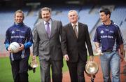 10 December 2008; Student GAA stars Conor Mortimer, DCU / Mayo, and Ray McLoughney, Waterford IT / Tipperary, are pictured pitch side in Croke Park with Christy Cooney, GAA President elect, and Seán Healy, Managing Director Sales Business Banking, Ulster Bank, as the 2009 Higher Education Championship draws took place. University of Ulster Jordanstown and Waterford Institute of Technology will defend their respective Ulster Bank Sigerson and Fitzgibbon Cup crowns in the highly anticipated 2009 Championships. Over 100 teams will be battling it in all divisions for a place at the finals weekend hosted by Cork Institute of Technology, football, and Trinity College Dublin, hurling. Croke Park, Dublin. Picture credit: Brian Lawless / SPORTSFILE