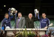 10 December 2008; Student GAA stars Conor Mortimer, DCU / Mayo, and Ray McLoughney, Waterford IT / Tipperary, are pictured pitch side in Croke Park with Christy Cooney, GAA President elect, and Seán Healy, Managing Director Sales Business Banking, Ulster Bank, as the 2009 Higher Education Championship draws took place. University of Ulster Jordanstown and Waterford Institute of Technology will defend their respective Ulster Bank Sigerson and Fitzgibbon Cup crowns in the highly anticipated 2009 Championships. Over 100 teams will be battling it in all divisions for a place at the finals weekend hosted by Cork Institute of Technology, football, and Trinity College Dublin, hurling. Croke Park, Dublin. Picture credit: Brian Lawless / SPORTSFILE