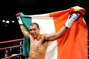 18 December 2008; Darren Sutherland celebrates his win over Georgi Iliev after their super middleweight bout. Frank Maloney promotions, Darren Sutherland v Georgi Iliev. The Helix, DCU, Dublin. Picture credit: Ray Lohan / SPORTSFILE *** Local Caption ***