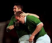 11 October 2000; Richard Dunne of Ireland, right, celebrates after scoring his side's second goal with team-mate Robbie Keane during the World Cup 2002 Qualifying group 2 match between Republic of Ireland and Estonia at Lansdowne Road in Dublin. Photo by David Maher/Sportsfile