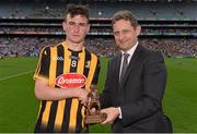 9 August 2015; Pictured is Jim Dollard, Executive Director for Business Service Centre and Electric Ireland, proud sponsor of the GAA All-Ireland Minor Championships, presenting Richie Leahy, Kilkenny, with the Player of the Match award for his outstanding performance in the Electric Ireland GAA Minor Hurling Championship Semi-Final, Kilkenny v Galway, in Croke Park. Throughout the Championship fans can follow the action, support the Minors and be a part of something major through the hashtag #ThisIsMajor. Croke Park, Dublin. Picture credit: Stephen McCarthy / SPORTSFILE