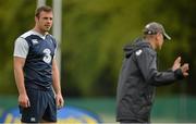 11 August 2015; Ireland's Tommy Bowe listens to head coach Joe Schmidt during squad training. Ireland Rugby Squad Training. Carton House, Maynooth, Co. Kildare. Picture credit: Brendan Moran / SPORTSFILE