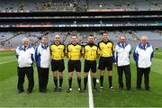 8 August 2015; Match officials, Fergal Smyth, Martin McNally, Noel Mooney, Gary McCormack, along with umpires, Michael Mooney, Martin Sheridan, Berney Quinn, and Michael Graham, before the game. GAA Football All-Ireland Junior Championship Final, Kerry v Mayo. Croke Park, Dublin. Picture credit: Ray McManus / SPORTSFILE