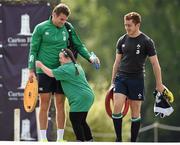13 August 2015; Ireland's Jared Payne, in the company of Paddy Jackson, receives a hug from Ireland rugby supporter Jennifer Malone, from Clane, Co. Kildare, as he arrives for squad training. Ireland Rugby Squad Training, Carton House, Maynooth, Co. Kildare. Picture credit: Stephen McCarthy / SPORTSFILE
