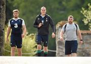 13 August 2015; Ireland players, from left, Iain Henderson, Devin Toner and Cian Healy arrive for squad training. Ireland Rugby Squad Training, Carton House, Maynooth, Co. Kildare. Picture credit: Stephen McCarthy / SPORTSFILE