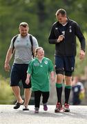13 August 2015; Ireland's Devin Toner, right, and Cian Healy walk to training accompanied by Ireland rugby supporter Jennifer Malone, from Clane, Co. Kildare. Ireland Rugby Squad Training, Carton House, Maynooth, Co. Kildare. Picture credit: Stephen McCarthy / SPORTSFILE