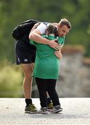 13 August 2015; Ireland's Tommy Bowe receives a hug from Ireland rugby supporter Jennifer Malone, from Clane, Co. Kildare, as he arrives for squad training. Ireland Rugby Squad Training, Carton House, Maynooth, Co. Kildare. Picture credit: Stephen McCarthy / SPORTSFILE