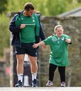 13 August 2015; Ireland's Jack McGrath accompanied by Ireland rugby supporter Jennifer Malone, from Clane, Co. Kildare, arrives for squad training. Ireland Rugby Squad Training, Carton House, Maynooth, Co. Kildare. Picture credit: Stephen McCarthy / SPORTSFILE