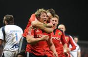 16 January 2009; Jerry Flannery, Munster, celebrates scoring his side's second try against Sale Sharks with team-mates David Wallace, left, and Ronan O'Gara. Heineken Cup, Pool 1, Round 5, Munster v Sale Sharks, Thomond Park, Limerick. Picture credit: Brendan Moran / SPORTSFILE
