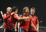 16 January 2009; Jerry Flannery, Munster, celebrates scoring his side's second try against Sale Sharks with team-mates Paul Warwick, David Wallace, and Ronan O'Gara. Heineken Cup, Pool 1, Round 5, Munster v Sale Sharks, Thomond Park, Limerick. Picture credit: Brendan Moran / SPORTSFILE