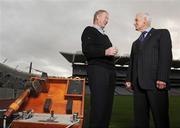 15 January 2009; Seán Óg Ó Ceallacháin and Micheál Ó Muircheartaigh at the announcement by the GAA Museum of their upcoming event ‘Tuning in’ on January 29th- part of a full calendar of events to celebrate the 125th Anniversary of the GAA. ‘Tuning in’ will examine the relationship between the Association and GAA broadcasting since the twenties with an historical talk by Eoghan Corry and a Q&A session with some of the great voices of the GAA. For further information visit www.gaa.ie/museum or call 01 8192323. Croke Park, Dublin. Picture credit: Brian Lawless / SPORTSFILE