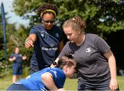 13 August 2015; Leinster women Sophie Spence, Fiona Coghlan, Nora Stapleton, Sharon Lynch, Elise O'Byrne Whyte and Elsa Hughes visited the girls camp at the Bank of Ireland School of Excellence in the King's Hospital, Palmerstown, Dublin. Picture credit: Seb Daly / SPORTSFILE