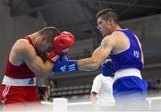 14 August 2015; Joe Ward, right, Ireland, trades punches with Hrvoje Sep, Croatia, during their 81kg light heavy weight semi-final bout. EUBC Elite European Boxing Championships, Samokov, Bulgaria. Picture credit: Pat Murphy / SPORTSFILE
