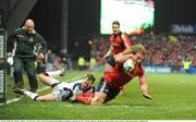 16 January 2009; Jerry Flannery, Munster, scores his side's second try despite the tackle of Charlie Hodgson, Sale Sharks. Heineken Cup, Pool 1, Round 5, Munster v Sale Sharks, Thomond Park, Limerick. Picture credit: Brendan Moran / SPORTSFILE