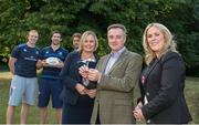 17 August 2015; Leinster Rugby today announced The Alzheimer Society of Ireland and Cardiac Risk in the Young as their charity partners for 2015/16 after a public tender process involving 63 submissions. At the announcement it was also announced that Joe Walsh Tours, the official travel partner of Leinster Rugby, has provided both charities with 14 seats to the first away Guinness PRO12 game against Edinburgh to raise awareness and funds for both causes. At the announcement in Leinster Rugby head office were Leinster players, left to right, Darragh Fanning, Kevin McLaughlin, and Dominic Ryan, along with Miriam Enright, interim CEO of of The Alzheimer Society of Ireland, Cormac Walsh of Joe Walsh Tours, and Orla Durkan, CEO of Cardiac Risk in the Young. Leinster Rugby, Newstead Building A, UCD, Belfield, Dublin 4. Picture credit: Dáire Brennan / SPORTSFILE