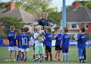 18 August 2015; Leinster rugby players Jamie Hagan and Tom Denton visited the Bank of Ireland Summer Camp in Clontarf FC for a Q&A session, autograph signings, and a few games on the pitch. Clontarf FC, Castle Avenue, Dublin. Picture credit: Sam Barnes / SPORTSFILE