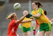 22 August 2015; Geraldine McLaughlin, Donegal, in action against Sinéad McCleary, Armagh. TG4 Ladies Football All-Ireland Senior Championship, Quarter-Final, Donegal v Armagh. St Tiernach's Park, Clones, Co. Monaghan. Picture credit: Piaras Ó Mídheach / SPORTSFILE