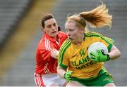 22 August 2015; Amber Barrett, Donegal, in action against Mairéad Tennyson, Armagh. TG4 Ladies Football All-Ireland Senior Championship, Quarter-Final, Donegal v Armagh. St Tiernach's Park, Clones, Co. Monaghan. Picture credit: Piaras Ó Mídheach / SPORTSFILE
