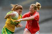 22 August 2015; Niamh Hegarty, Donegal, in action against Sinéad McCleary, Armagh. TG4 Ladies Football All-Ireland Senior Championship, Quarter-Final, Donegal v Armagh. St Tiernach's Park, Clones, Co. Monaghan. Picture credit: Piaras Ó Mídheach / SPORTSFILE