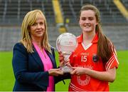 22 August 2015; Aimee Mackin, Armagh, is presented with the LGFA / TG4 Player of the Match by Helen O'Rourke, CEO, Ladies Gaelic Football Association. TG4 Ladies Football All-Ireland Senior Championship, Quarter-Final, Donegal v Armagh. St Tiernach's Park, Clones, Co. Monaghan. Picture credit: Piaras Ó Mídheach / SPORTSFILE