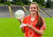 22 August 2015; Aimee Mackin, Armagh, with the LGFA / TG4 Player of the Match award. TG4 Ladies Football All-Ireland Senior Championship, Quarter-Final, Donegal v Armagh. St Tiernach's Park, Clones, Co. Monaghan. Picture credit: Piaras Ó Mídheach / SPORTSFILE