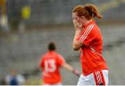 22 August 2015; Niamh Marley, Armagh, reacts after being shown a yellow card by referee Séamus Mulvihill. TG4 Ladies Football All-Ireland Senior Championship, Quarter-Final, Donegal v Armagh. St Tiernach's Park, Clones, Co. Monaghan. Picture credit: Piaras Ó Mídheach / SPORTSFILE