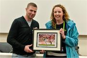 22 August 2015; Kerry legend Tomás Ó Sé is presented with a framed print by Siobhan Doyle of the Croke Park Stadium at today's Bord Gáis Energy Legends Tour at Croke Park, where he relived some of most memorable moments from his playing career. All Bord Gáis Energy Legends Tours include a trip to the GAA Museum, which is home to many exclusive exhibits, including the official GAA Hall of Fame. For booking and ticket information about the GAA legends for this summer visit www.crokepark.ie/gaa-museum. Croke Park, Dublin. Picture credit: Brendan Moran / SPORTSFILE