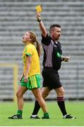 22 August 2015; Niamh Hegarty, Donegal, reacts as he is shown the yellow card by referee Séamus Mulvihill. TG4 Ladies Football All-Ireland Senior Championship, Quarter-Final, Donegal v Armagh. St Tiernach's Park, Clones, Co. Monaghan. Picture credit: Piaras Ó Mídheach / SPORTSFILE